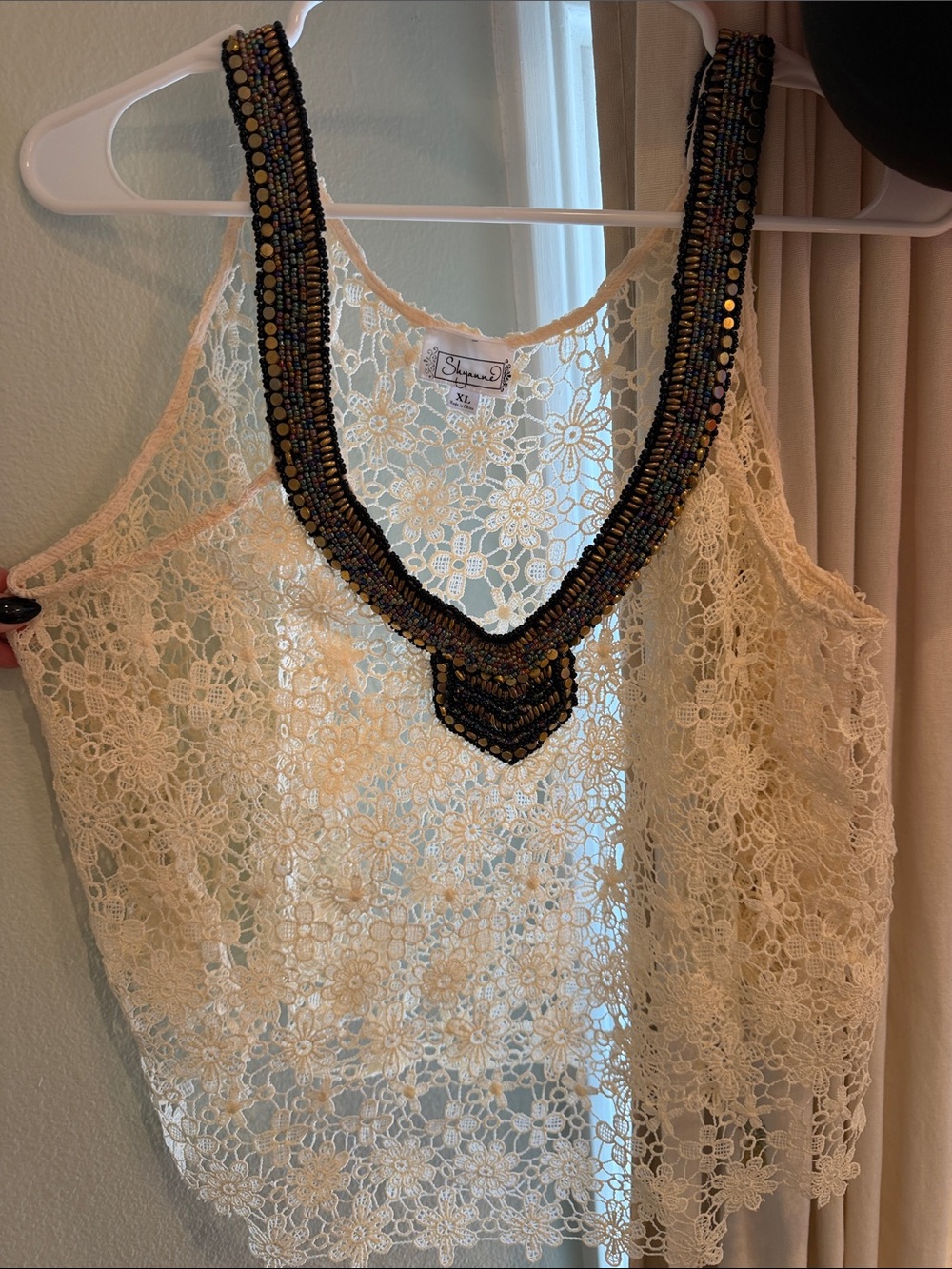 Shyanne Cream Floral Lace Camisole with Beaded V-Neck